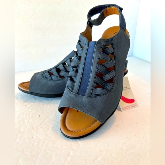 New Comfortiva Slate Blue Suede Leather Peep Toe Sling Back Slip Resistant - Picture 1 of 8